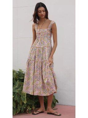 Anthropologie Helena Square-Neck Smocked Tiered Midi Dress Size XS Wild Flowers